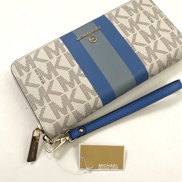 NWT MICHAEL KORS Large Wristlet Wallet Signature Continental Central Stripe Blue - Picture 1 of 6